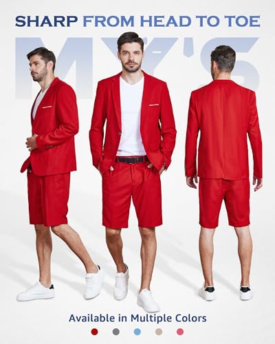 MY'S Men's 2 Piece Slim Fit Suit, One Button Blazer and Short Pants Set with Tie2