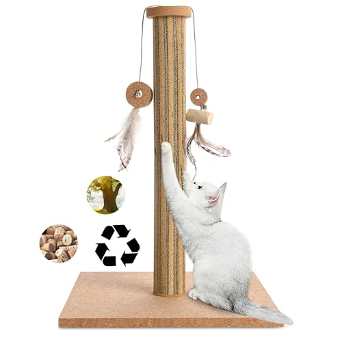 Natural Cork Cat Scratching Post with Feather Toy, 14.2 inch Stable Base, Eco-Friendly Scratch-Safe...