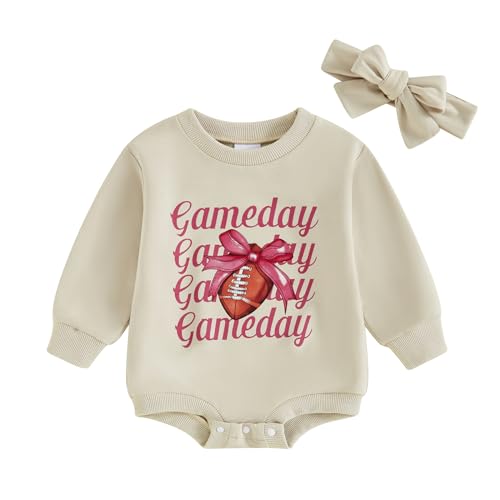 Infant Baby Girl Football Outfits Game Day Print Bubble Oversized Sweatshirt Romper Headband Cute Fall Winter Clothes