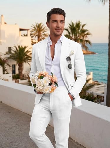 Image of Men's Linen Suit 2 Piece Slim Fit Summer Beach Wedding Prom Party | Breathable,Linen Blazer Suit Set,for Beach Weddings,Groom Wear,Prom and Outdoor Parties,Business Casual,Vacation Daily Wear