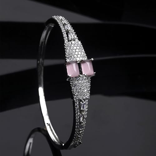Image of ZENEME Rhodium-Plated Square Shaped American Diamond Studded Kada Bracelet For Girls and Women
