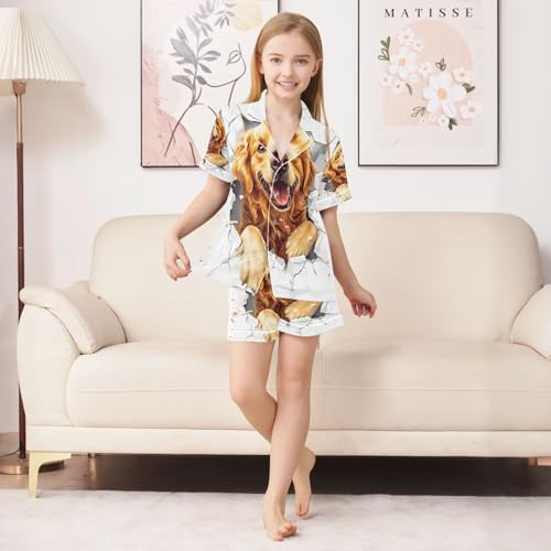 ALAZA Golden Retriever Puppy Dog White Satin Pajamas Set Short Sleeve Button Down Sleepwear Summer Pjs 2 Piece3