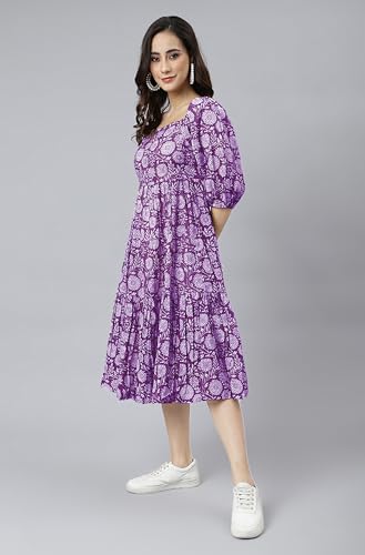 Image of Janasya Women's Cotton Floral Print Flared Dress