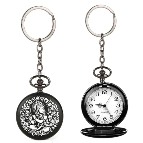 Image of Vintage Gandhi Style Pocket Watch with Engraved Designs & Messages Royal Black Analog for Men Women & Kids Includes Key Ring for car or Bike Keys Ideal Gift