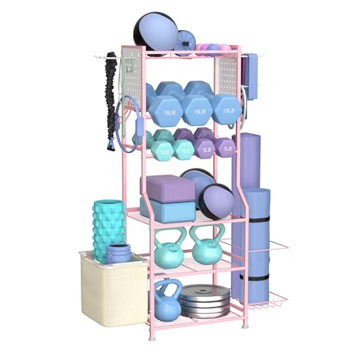 Soporte Mancuernas, Soporte Pesas, Soporte para Mancuernas Almacenamiento de Gimnasio en Casa para Pesas Rusas, Esterilla de yoga y equipo de entrenamiento de fuerza, Rosado