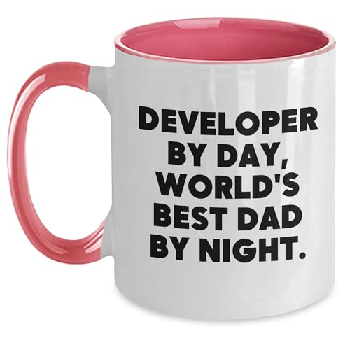 Developer By Day, World's Best Dad By Night. Funny Two Tone Coffee Mug, Gifts from Dad to Developer, Birthday Unique Gifts for Developer