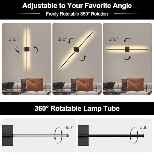 Image of Wall Sconces Set of Two with Remote Control, 39.4 in Dimmable Black Battery Operated Wall Lights, 350 Ratation 3000K-6000K LED Wireless Rechargeable Sconce for Bathroom, Living Room, Bedroom