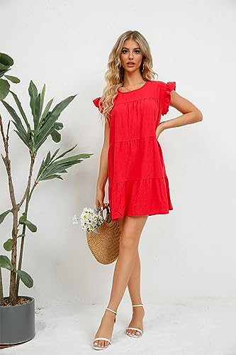 Misn Women's Round Neck Pleated A-Line Casual Dress Ruffle Short Sleeve Tiered 2023 Summer Swing Mini Dress (As1, Alpha, M, Regular, Regular, Red) #TOP1
