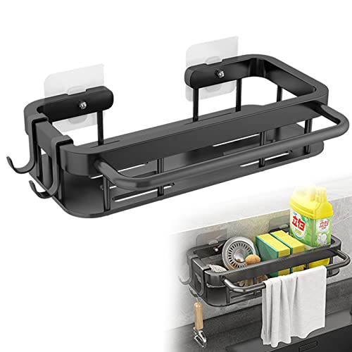 iTGOOS Kitchen Sink Storage Shelf, Kitchen Washing up Organiser, Kitchen Multifunctional Sink Caddy Removable Kitchen Sink Organiser, Wall Sink Caddy with Towel Rack and Hooks (Black)