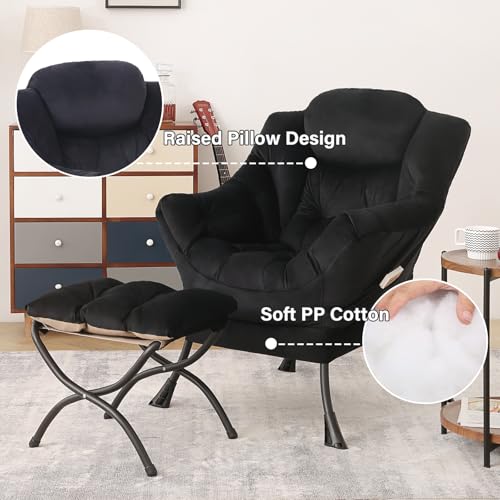 Image of Tiita Lazy Chair with Ottoman, Black Modern Large Accent Chair, Comfy Leisure Sofa Armchair with Ottoman, Reading Chair with Footrest for Bedroom, Living Room, Dorm Rooms, Velvet Black