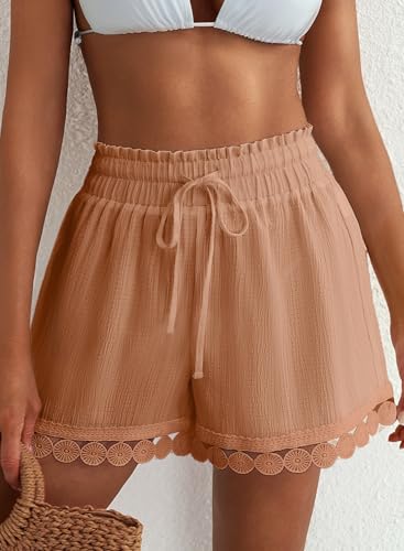 Image of Dokotoo Womens Shorts Summer Casual Loose Elastic Waist Drawstring Lace Boho Beach Cover Up Shorts