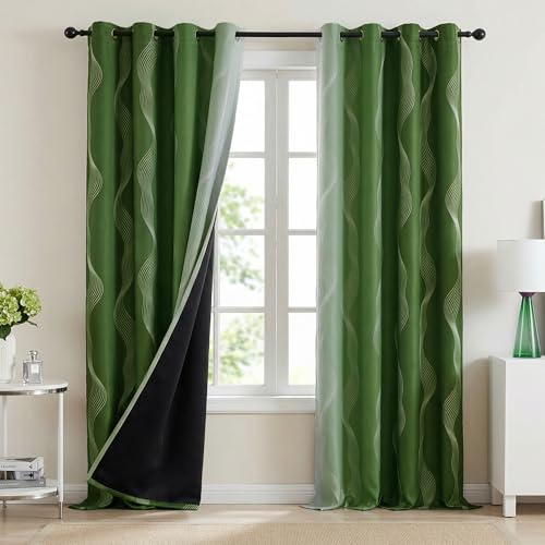 Image of MYSKY HOME Green and Greyish White 95% Blackout Patterned Curtains 96 inch Length 2 Panels Set for Living Room Bedroom Ombre Thermal Insulated Wave Line Foil Print Design Grommet Drapes, 52 inch W
