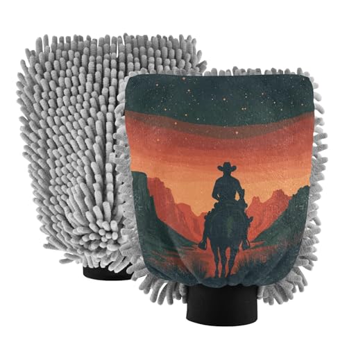 Flradish 2 Pack Western Cowboy Car Wash Mitt Chenille Microfiber Lint-Free Scratch Free Ultra-Soft Absorbent Car Wash Mitt 10.2x7.09 Inch