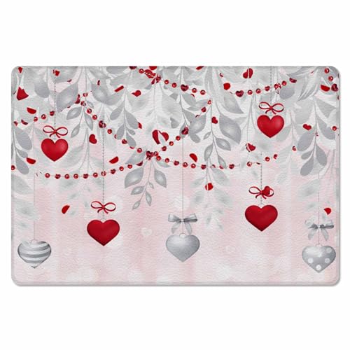 Valentine's Silver Love Kitchen Bath Door Mat Cushioned Runner Rug,Washable Welcome Floor Sink Antifatigue Mat,Waterproof & Non-Slip Comfort Standing Doormat,Ombre Pink Eucalyptus Leaves 18