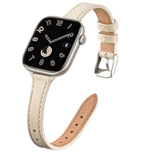 STIROLL Slim Leather Bands Compatible with Apple Watch Band 38mm 40mm 41mm 42mm(Series 11 10), Top Grain Leather Watch Thin Wristband for iWatch SE 9 8 7 6 5 4 3 2 1 (Beige Silver)
