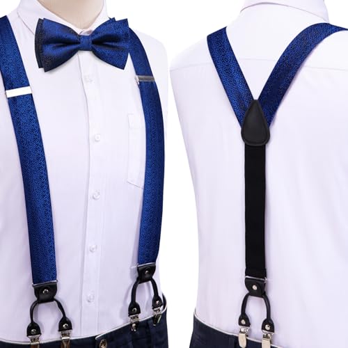 Image of Dubulle Suspender and Bow Tie for Men Paisley Solid Mens Suit Braces Pretied Bowtie and Handkerchief Cufflinks Formal Wedding