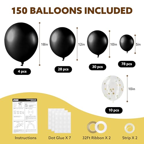 JOYIN 150 Pcs Black Balloons, Different Sizes 18 12 10 5 Inch Black Latex Balloon Arch Kit with Instruction for Birthday Party Graduation Wedding Holiday Decoration - Image 3