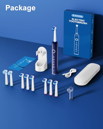 Image of Rotating Electric Toothbrush for Adults, 8 Brush Heads (2 Types) & Travel Case, 5 Cleaning Modes Rechargeable Power Toothbrush with 2-Minute Smart Timer, Blue