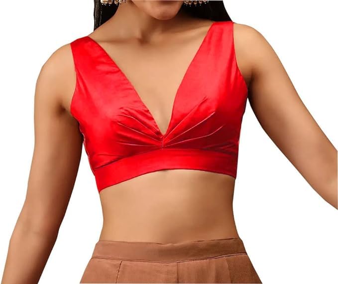 Fashnkart Readymade Indian Bollywood Satin Silk Saree Blouse Women's Solid Plain Top Sleeveless, V-Neckline Sari Choli