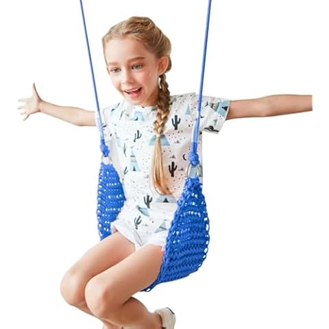ROPECUBE Hand-Knitting Kids Swing, Indoor Outdoor Portable Tree Swing Seat,Adjustable Ropes, with Hanging Strap and Snap Hook for Camping Hiking Backyard Playset and Playroom, Easy Install(Blue)… Cover