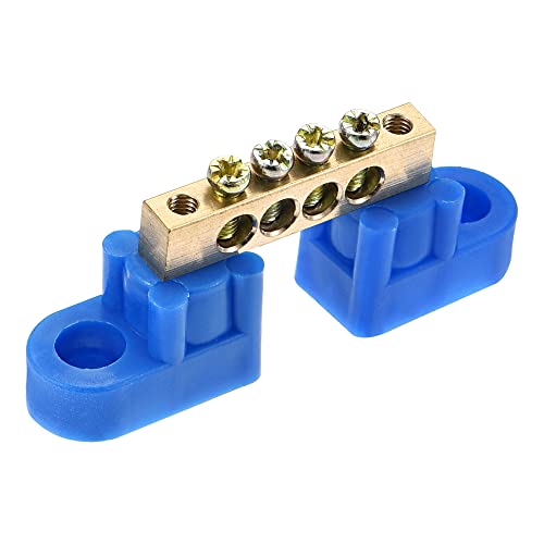 MECCANIXITY Terminal Ground Bar Screw Block Barrier Brass 4 Positions Blue for Electrical Distribution