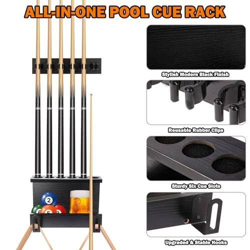 WeGXY Wandhalterung Pool Stick Halter, Pool Tisch Zubehör Pool Queue Halter 6 Stick Pool Queue Rack für Spielzimmer Billard Zimmer Club Dekor, Hartholz - Schwarz