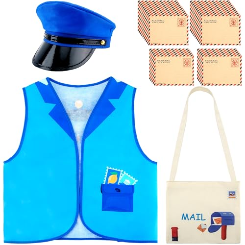 Disfraz infantil de cartero con chaleco, gorra y bolsa