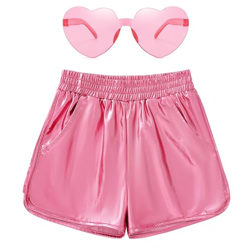Image of Girls Metallic Shorts Sparkly Hot Festaval Outfit with Hear-Shaped Same Color Sunglasses
