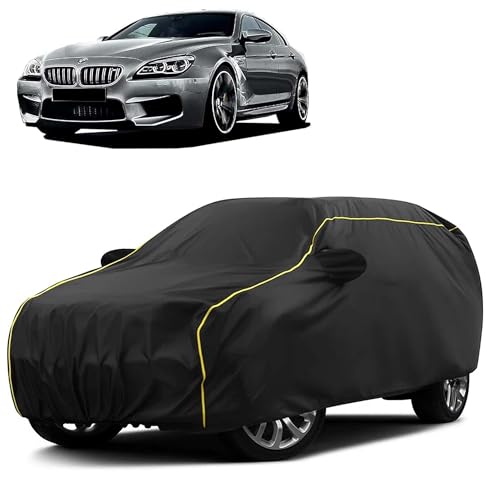 Image of Sulfar 100% Water Resistant Car Body Cover Compatible with Mirror for BMW M6 (Triple Stitched, Full Bottom Elastic, Black Taffeta with Yellow Piping)