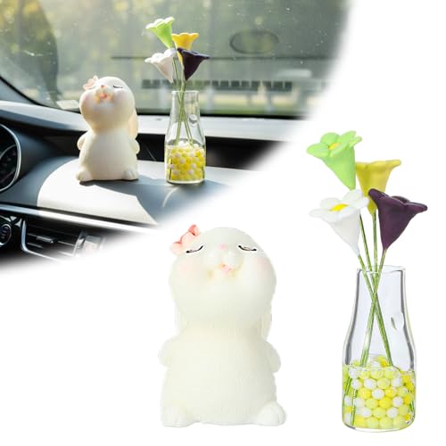 Bremorou Flowers for Dash Car Cute Bunny Daisy Flower Car Interior Dashboard Accessories Decorations Funny Kawaii Bunny Dash Decor Rearview Mirror Window Ornament Gifts for Women Men Set of 2
