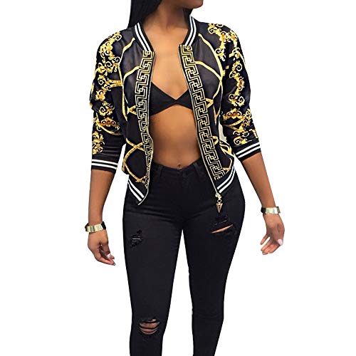 AEL Women's Baseball Biker Bomber Jacket Long Sleeve Zip up Printed Casual Short Coat(Black,XL)