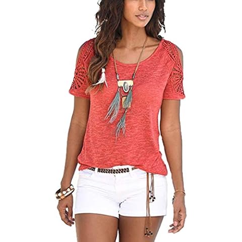 Women Summer Cutout Sleeve Loose Tops Short Sleeve Casual Loose Solid Shirts Blouses (Medium, Orange) Cover