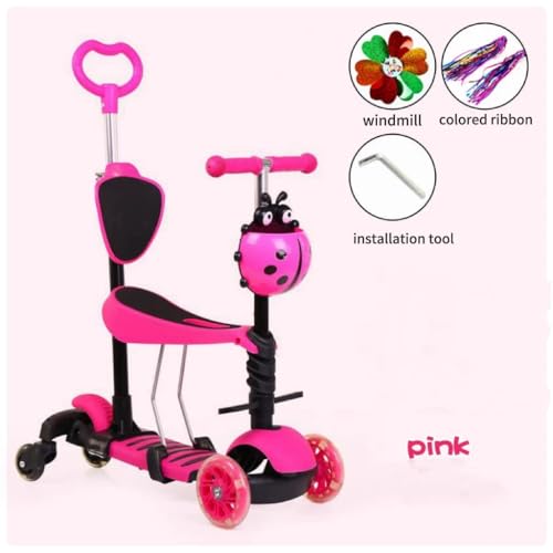 Three-in-one Children's Scooter with a Pinwheel Attached with Colored Ribbons. It's a for Children Aged 2 to 8, which can be Used for Sitting, Pushing and Sliding.