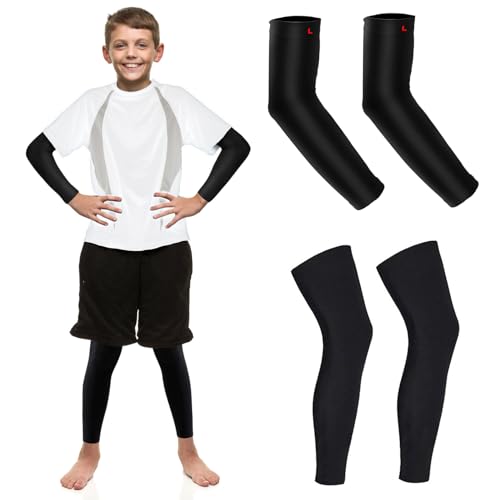 Luwint Mangas de brazo con protección solar UV para niños, mangas compresivas para las piernas, cubierta de refrigeración para niños, Negro -, Large