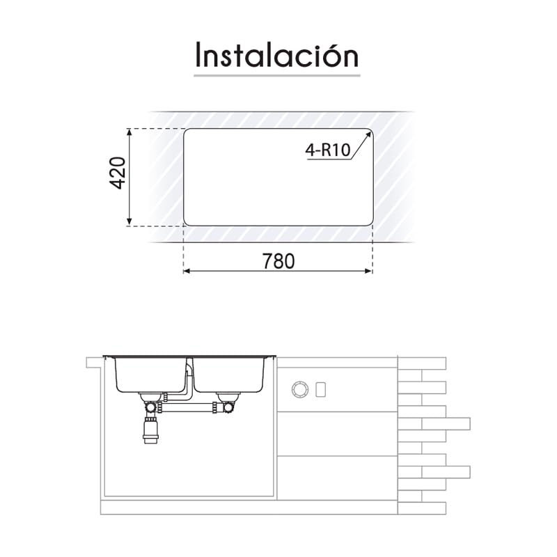 Fregadero de acero inoxidable con 2 senos 80x44cm Dublín