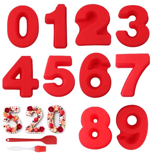ZYNERY 10 Stück Silikon Zahlen Kuchenform Set 10 Zoll Groß Backformen für Zahlen 0-9 Ideal für Kuchen Kekse & Pralinen Passend für Geburtstag & Party (Rot)