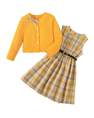 Image of PureChapter Girls' Preppy Clothes Plaid Vest Dress Cardigan Jacket Belt Cute Kids Clothes 7-14Y Green