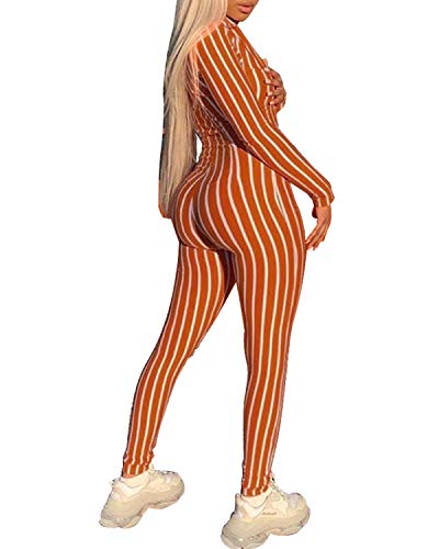 BIUBIU Women's Sexy Zip Up Striped One Piece Outfits Deep V-Neck Long Sleeve Bodycon Party Clubwear Jumpsuit Romper (S, Orange)