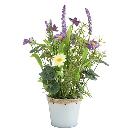Hometrance Artificial Flowers Potted, 12.2'’ Flower Arrangement w/Daisy & Lavender in Metal Pot, Fake Plants for Home Wedding Restaurant Dinner Decoration Shelf Table, Purple & Green
