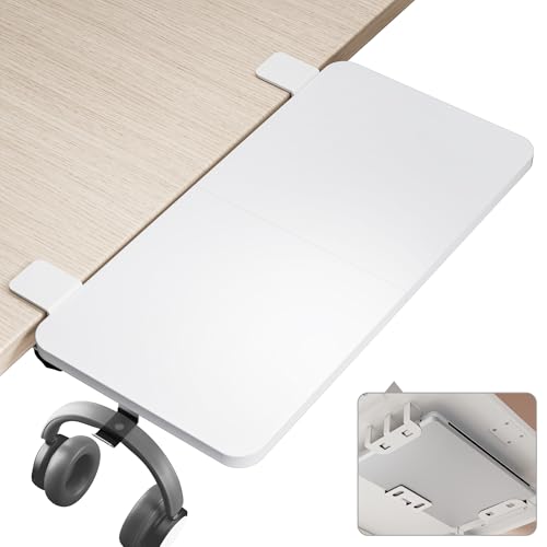 Image of PEGZONE Desk Extender Tray, 24 inch x 12 inch, with Laptop Holder, Medium, White | Desk Extension, Clamp on Desk Shelf, Clamp On Keyboard Tray for Office and Home, Workstation Organizer