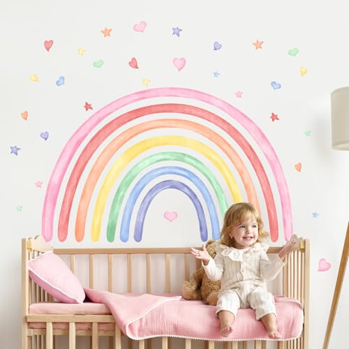 Supzone Pegatinas de Pared Arcoiris 107 × 66 CM Arco Iris Vinilos Decorativos Acuarela Corazones Estrellas Adhesivos Pared para Habitación Infantil Dormitorio de los Niños Sala de Juegos