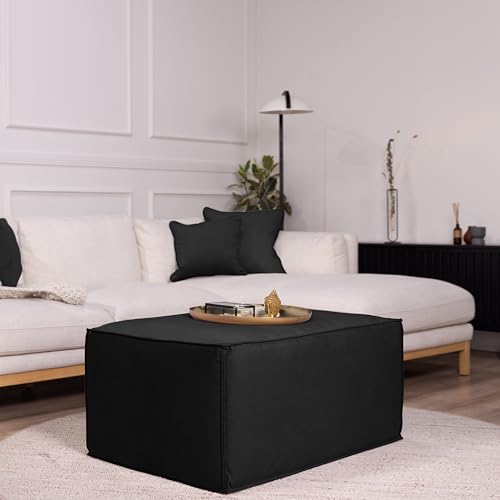 Factory Direct Partners Velvety and Vinyl Overstuffed Rectangle Ottoman for Living Room, Lounge, Office - Onyx