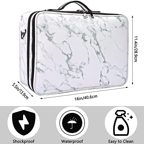 Oewoer Large Makeup Case Pu Leather Makeup Bag 3 Layers 16 Inches Professional Makeup Train Case Cosmetic Bag Travel Make Up Brush Organizer And Storage Artist Bag With Adjustable Strap Marble Pattern #TOP2