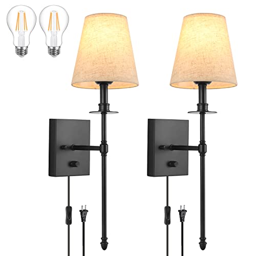 Trlife Wall Sconces Plug In, Dimmable Wall Sconce Wall Mounted Light With Beige Fabric Shade And Dimmer On/Off Switch, Plug In Wall Lights For Bedroom, Bedside, Porch(2 Bulbs Included) #TOP14
