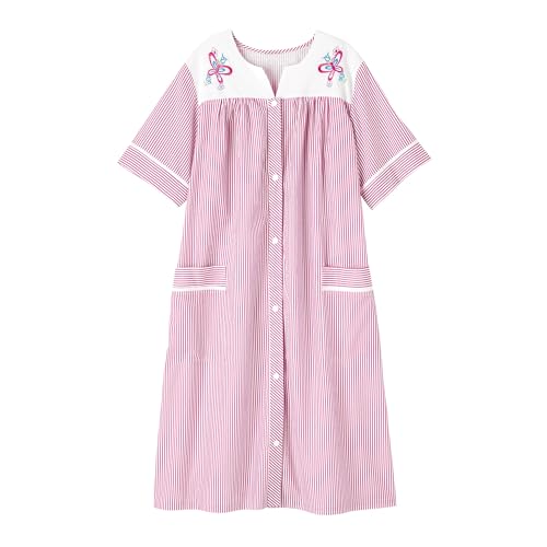 Image of AmeriMark Women Calf-Length Snap Front Knit Duster House Coat Robe - Loose-Fitting Plush Bathrobe - Short Sleeve Bath Robe
