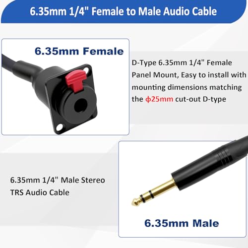 Cable de audio 6.35mm panel hembra a macho 0.5 m miniatura 3