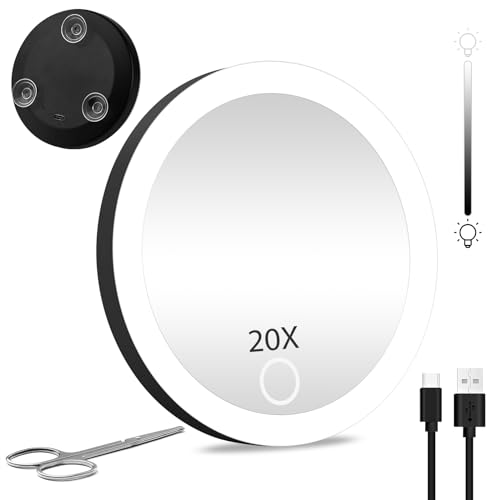 JJhxr 20X Travel Magnifying Mirror with Lights, Rechargeable 20X Travel Magnified Mirror, 4inch Pocket Makeup Magnification 3 Color Dimmable with Suction Cups and Scissors