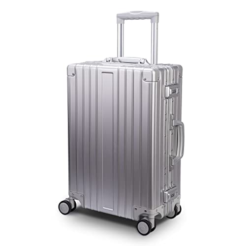 TRAVELKING All Aluminum Carry On Luggage Zipperless Hard Shell Luggage Case with TSA Lock Spinner Alloy Metal Suitcase (Silver, 20