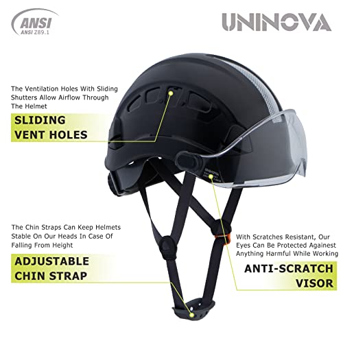Vented Hard Hat With Visor Uninova Osha Construction Safety Helmet 6 Pt. Ratchet Suspension Cascos De Construccion Ansi Z89.1 Type I Class C Hardhats(S2-1 Black Clear) #TOP1