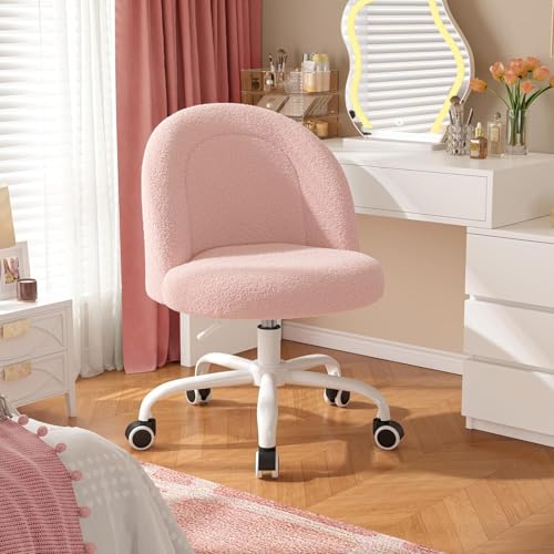 Image of DurayLoly Vanity Chair with Wheels, Cute Desk Chair with Back, Armless Chair with Height Adjustable & 360 Swivel, Soft Lumbar Support for Small Space, Bedroom, Gentle Pink